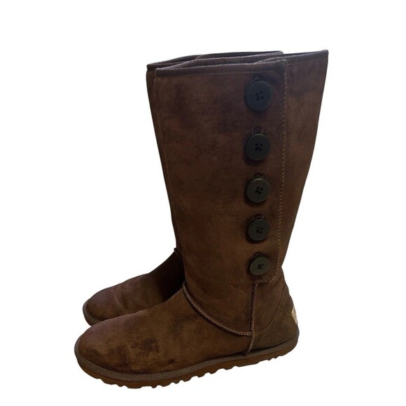 UGG Australia Lo Pro Boots Womens Size 7 Brown Suede Fold Over Mid-Calf 3387 - Picture 1 of 9